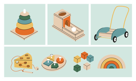 Set of various wooden and metal Montessori toys. Component of the development of education in...