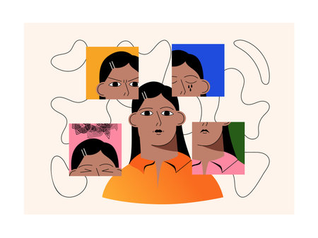 Bipolar disorder in women with different emotional masks. Anxiety disorder concept. The girl feels...