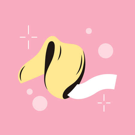Fortune cookies with a piece of paper of funny predictions. Sweet Chinese Flowerless Wisdom Cookies. Lottery with a surprise in a crunchy dessert. Isolated vector illustration retro style 70sのイラスト素材