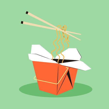 Ramen in a red wok takeaway bag. Asian type of food. Illustration of traditional udon in vintage style. Vector flat illustration for menu and restaurant design.のイラスト素材