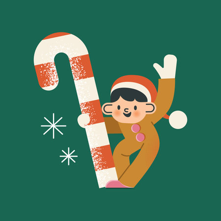 Cute elf is holding a Christmas candy. Santas helper in red hat waving hand on green background. Vintage style of the character. Vector flat illustration.のイラスト素材