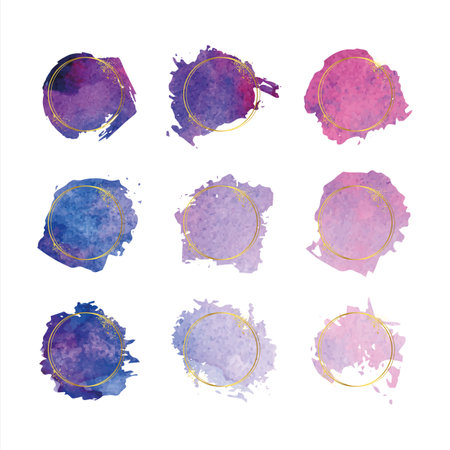 Decorative watercolor splashes brush with golden framesのイラスト素材