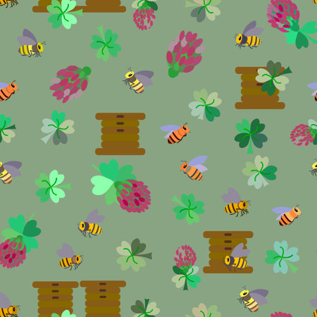 seamless vector pattern with bees, flowers and clover leaves and bee hivesのイラスト素材