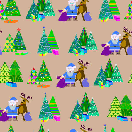 pattern christmas deer, santa, christmas treesのイラスト素材