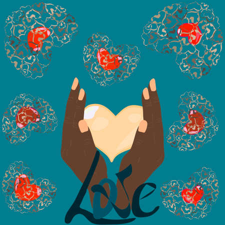valentine card hands holding a heart on a blue background with red heartsのイラスト素材