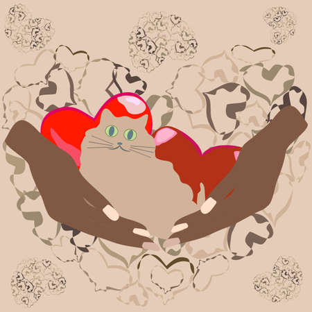 Happy valentine's day greeting card with cute kitten in palmsのイラスト素材