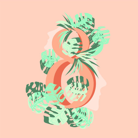 for women's Day on March 8, a postcard depicting the silhouette of female faces and leaves of the...