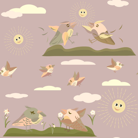 spring flowers daffodils and birds pattern no background