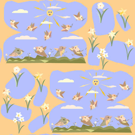 seamless pattern playful birds and spring flowers daffodils no backgroundのイラスト素材