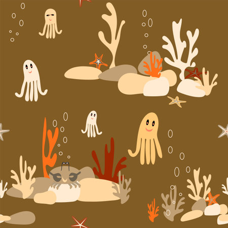 multicolored starfish and crabs on rocks seamless pattern without backgroundのイラスト素材