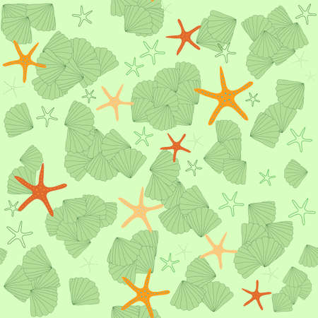 light green shells and orange starfish seamless pattern without backgroundのイラスト素材