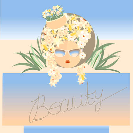 a postcard of a woman's head with a hairstyle in daffodil flowers for advertisingのイラスト素材