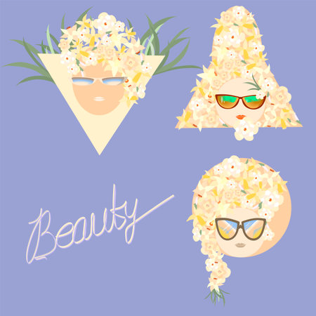 for advertising, a set of women's heads with flowers daffodils in their hairのイラスト素材