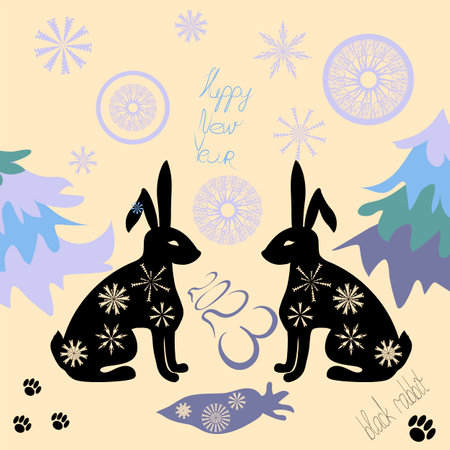The symbol of the year 2023 is a black rabbit a greeting card an invitation to a holidayのイラスト素材