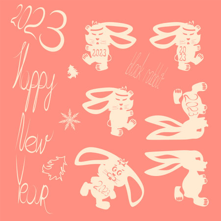 Symbol of the year 2023 funny rabbit greeting card invitation to a holiday, setのイラスト素材