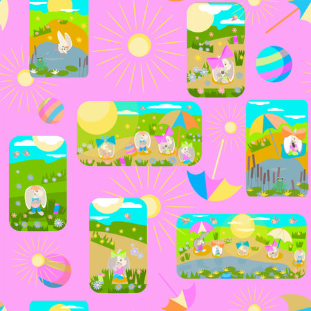 rabbits sunbathe in the sun by the lake seamless pattern without background