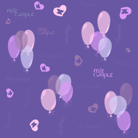 seamless pattern with hearts and balloons without a background, with the inscription happy birthday in Spanishのイラスト素材