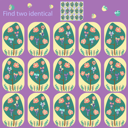 in a fun children's puzzle game for children under 7 years old birds on a tree, find 2 identical picturesのイラスト素材
