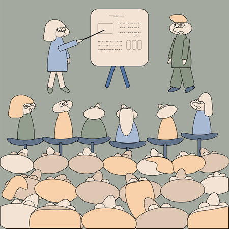 at the training, the teacher explains at the blackboard in front of the audienceのイラスト素材