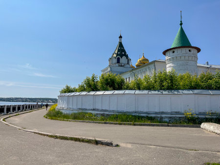 white stone orthodox monastery under the blue summer skyの写真素材