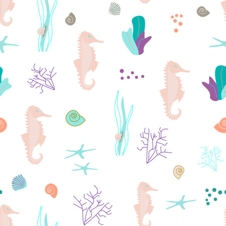colorful seashells and seahorses seamless pattern without backgroundのイラスト素材