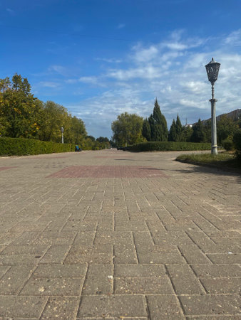 in summer, a wide city alley and a lantern on itの写真素材