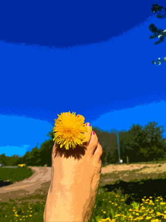 In spring, in May, in a meadow with flowers, yellow dandelions, a photo of a woman's foot with a flowerの写真素材