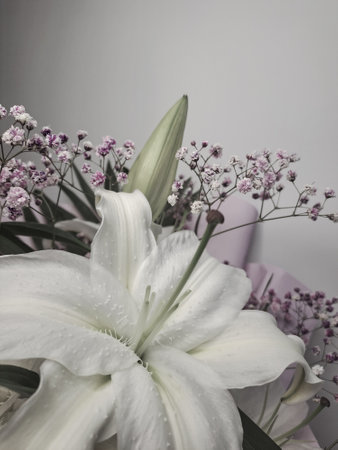a beautiful festive bouquet of white lilies for a special occasionの写真素材