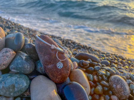 Sunset on a pebble beach - on the Black Sea coast in Kobuleti, Georgia, in Septemberの写真素材