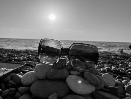 Sunset on a pebble beach - on the Black Sea coast in Kobuleti, Georgia, in Septemberの写真素材