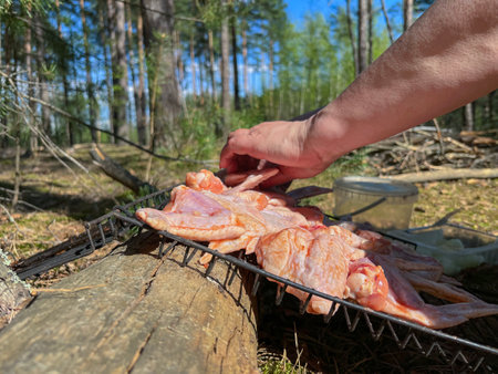 in summer, meat is grilled on a barbecue in the forest in natureの写真素材