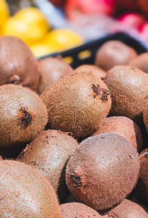 Pile of fresh ripe kiwi fruits at a farmers marketの写真素材