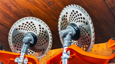 Macro shot of two circular serrated blades for a garden brush cutter