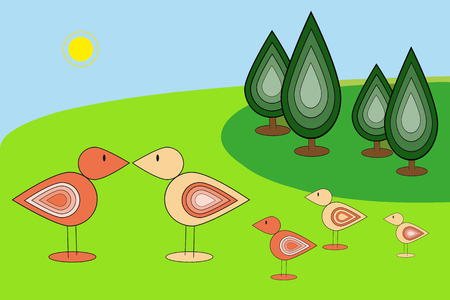 Green park and birds. Perfect vector illustration for children books and postcard.のイラスト素材