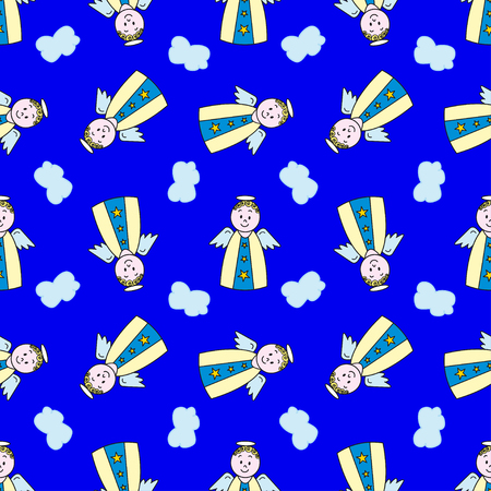 Seamless pattern with cartoon angel on blue background. Pattern can be used for fabric, web wallpaper or wrapping paper.のイラスト素材