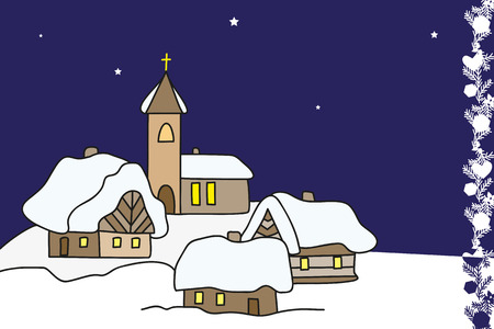Winter village for Christmas card on blue background. Can be used  for post card,  greeting cardのイラスト素材