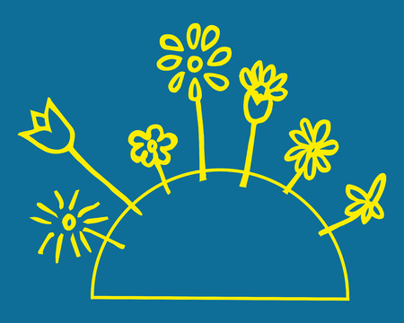 Hand drawn yellow outline of flowers. Can be used for greeting cards, postcards, printing on t-shirts.のイラスト素材