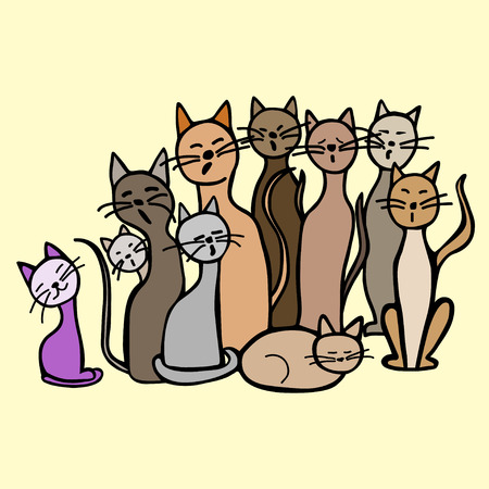 Hand drawn cats on beige background. It can be used in children's books, coloring books and workbooks.のイラスト素材