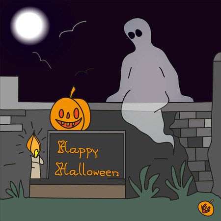 Illustration cartoon ghost and grave. Perfect illustration for halloween, greeting cards, postcardsのイラスト素材