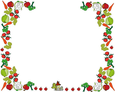 Hand drawn border with color vegetables, place for text. Healthy lifestyle illustration for print, web, poster,
postcard.のイラスト素材