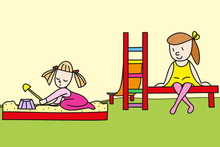 Hand drawn kids on the playground. Perfect illustration for children\'s books or postcardsのイラスト素材