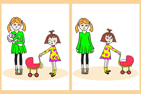 Hand drawn little girl with doll and pram. Perfect illustration for children\'s books, postcards.のイラスト素材