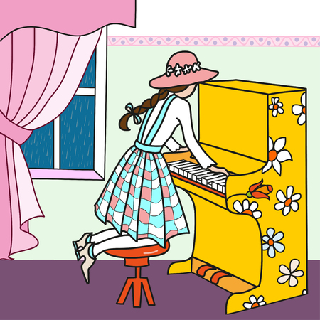 Hand-drawn girl in hat, playing the piano yellow. Perfect illustration for books, posters, printing on fabricのイラスト素材