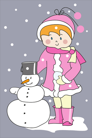 Redheaded girl in pink coat with snowman. Perfect vector illustration for greeting cards, children books, printingのイラスト素材