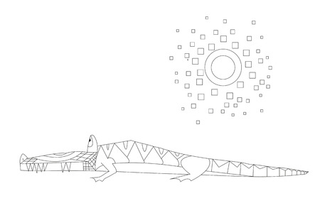 Hand drawn vector outline crocodile and sun. Can be used for illustrations children books, printing on T-shirts, children furniture, wallpaper, postcards, kindergartensのイラスト素材