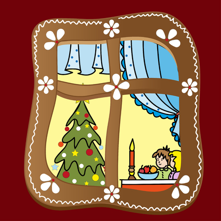 Gingerbread Christmas window. Perfect vector illustration for children books, postcard and posterのイラスト素材