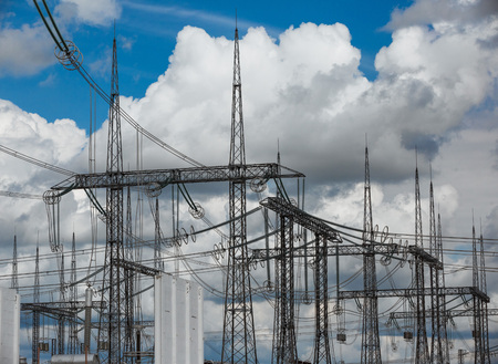 High voltage post. High-voltage tower sky background.の写真素材