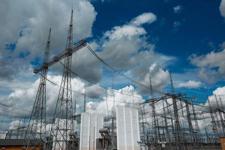 High voltage post. High-voltage tower sky background.の写真素材