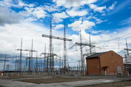High voltage post. High-voltage tower sky background.の写真素材