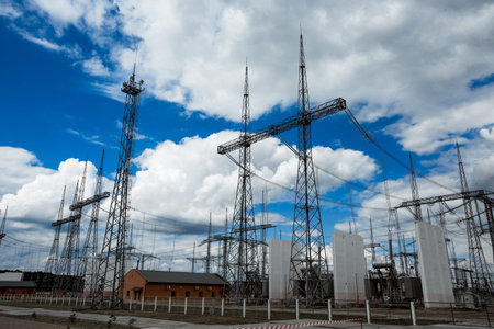 High voltage post. High-voltage tower sky background.